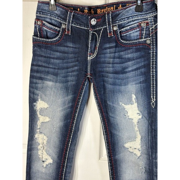 Rock Revival Wm’s 29 Becky Skinny Stretch Denim Jeans Thick Stitching Distressed - Picture 2 of 16
